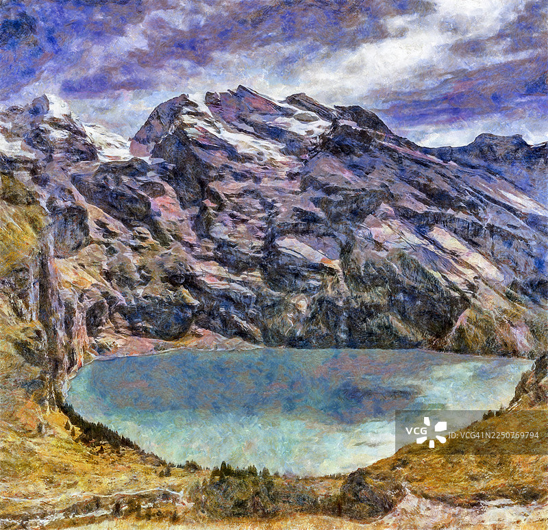油画效果，瑞士风光，湖泊被高山环绕。图片素材