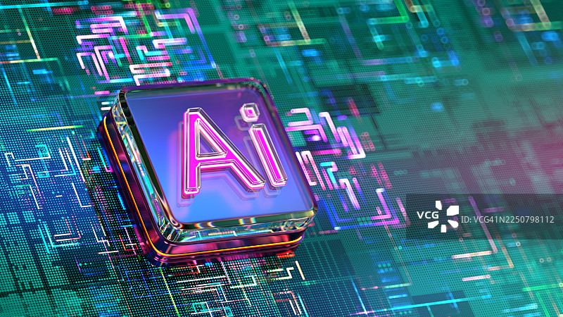 CPU 上的 AI 文本。机器学习。抽象数字背景。大型语言模型（LLM），自主 AI 技术。图片素材