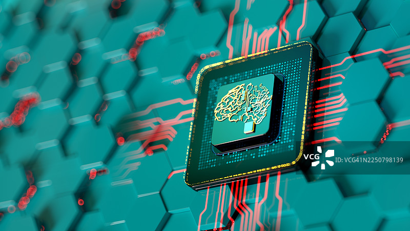 数字抽象CPU上的抽象大脑标志。人工智能概念。神经网络。机器学习概念。图片素材