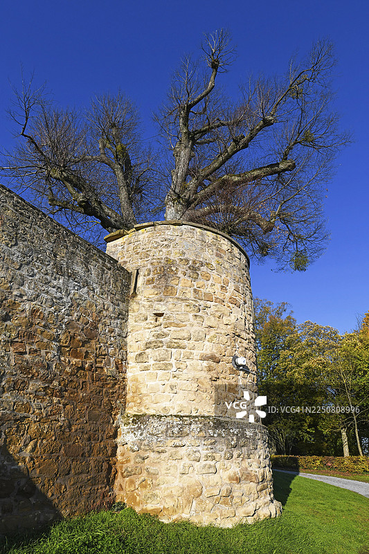 德国欣斯海姆市名为施泰因斯贝格城堡的中世纪堡垒外墙及角楼图片素材