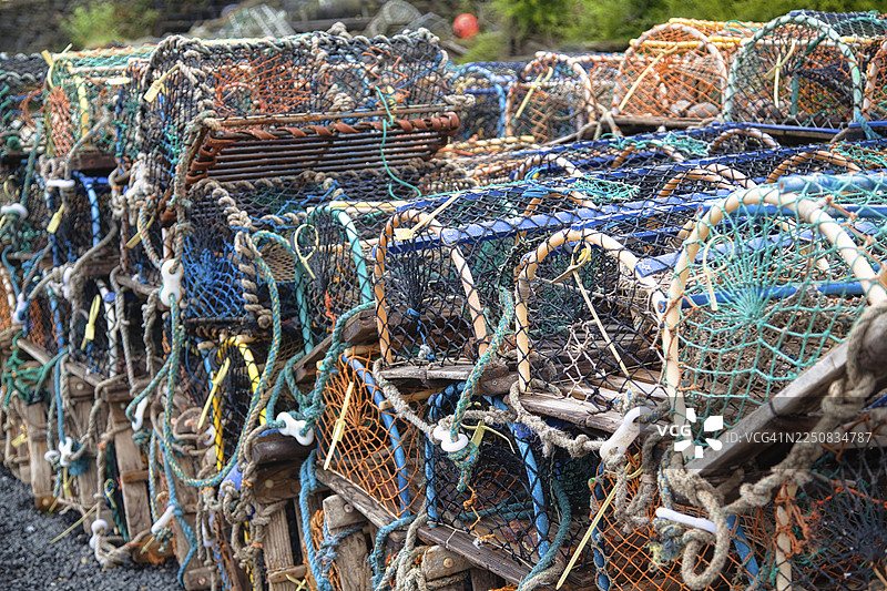 英格兰，诺森伯兰，西豪斯港的龙虾渔笼图片素材