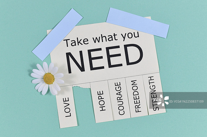 带有“随心所欲”字样的撕下拉条便签，以及“爱、自由、希望、勇气”和“力量”等词语，背景为浅蓝绿色，并饰有花朵。图片素材