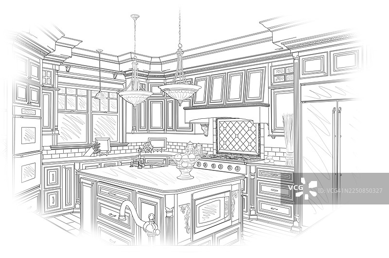 黑色精美的定制厨房设计图，孤立在白色背景上图片素材