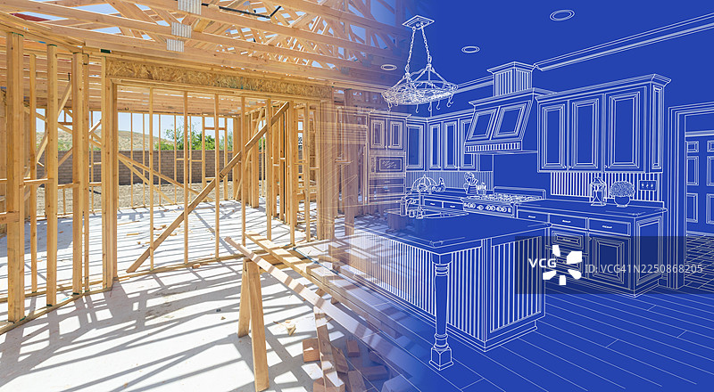房屋建造框架逐渐演变为厨房设计蓝图图片素材