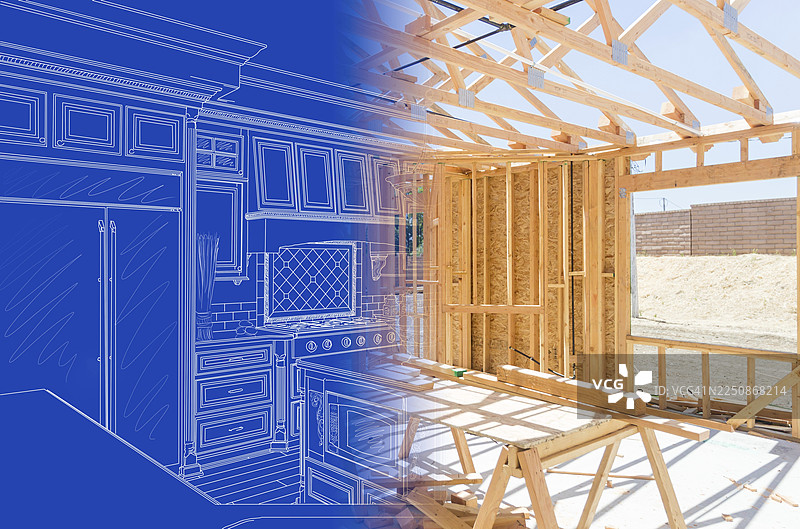 定制厨房蓝图设计图纸逐渐演变为房屋建筑框架图片素材