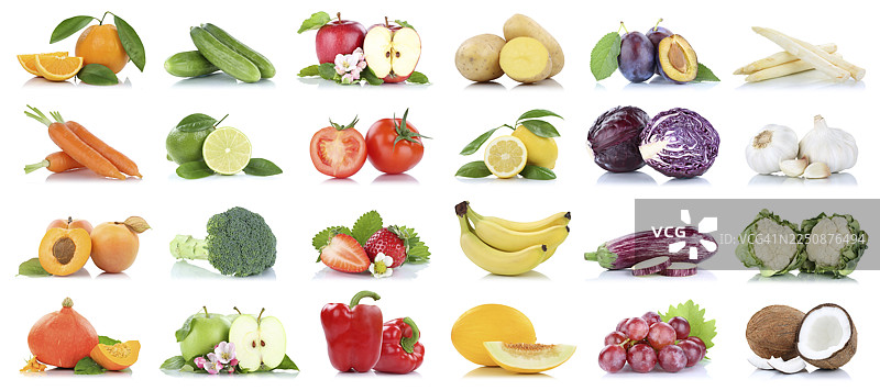 色彩缤纷的各种水果和蔬菜，包括苹果、番茄、橙子、大蒜和葡萄，在白色背景下被抠出。图片素材