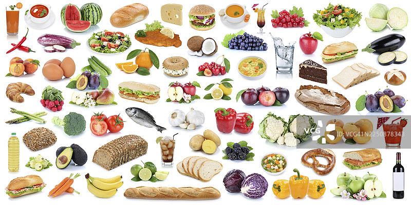 健康食物拼贴背景，全景水果和蔬菜，隔离的食物图片素材
