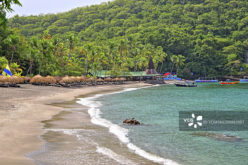 圣卢西亚苏弗里耶尔安塞·沙斯坦内特酒店的海湾和棕榈海滩，小安的列斯群岛，西印度群岛，加勒比海岛屿图片素材