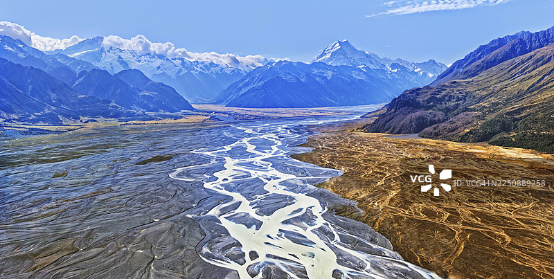 新西兰南岛，库克山国家公园，南阿尔卑斯山，库克山（奥拉基山）山峰与塔斯曼河图片素材