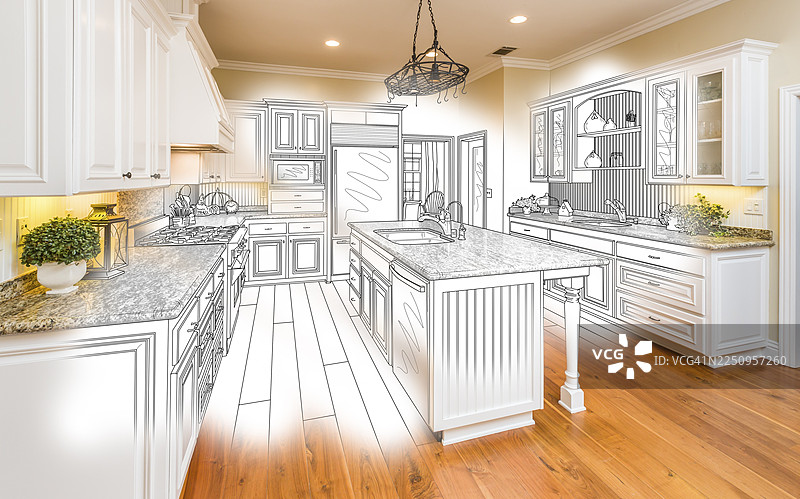 精美的定制厨房设计图与拉丝效果照片的组合图片素材