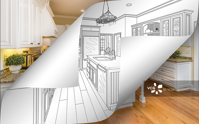 厨房插画页面翻转，背后是照片图片素材