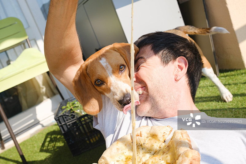 男人和比格犬在户外享用美味的披萨图片素材