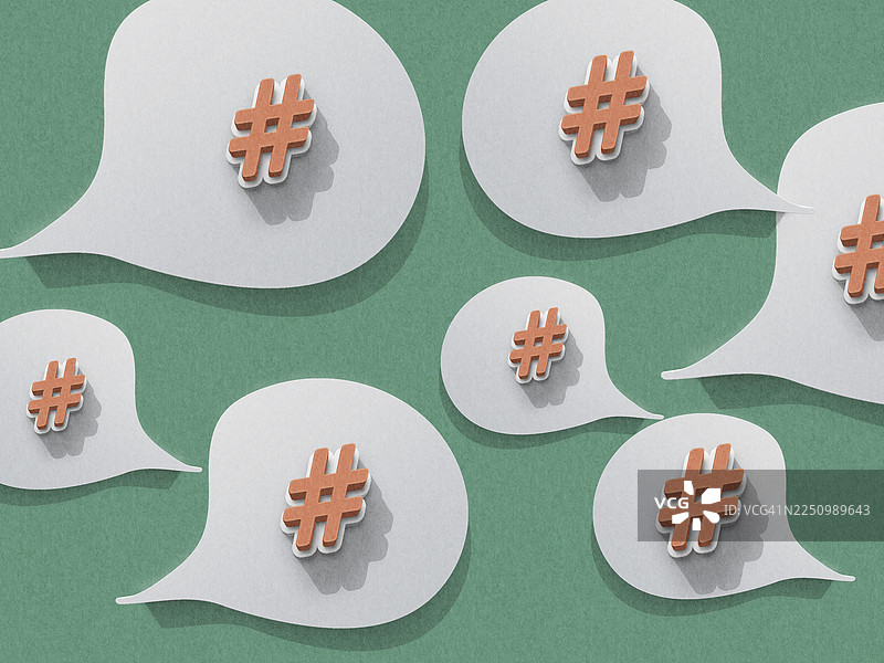 带有井号标签的对话气泡，适用于网页、博客、传单或横幅。简洁、现代、受社交媒体启发的数字项目设计。图片素材