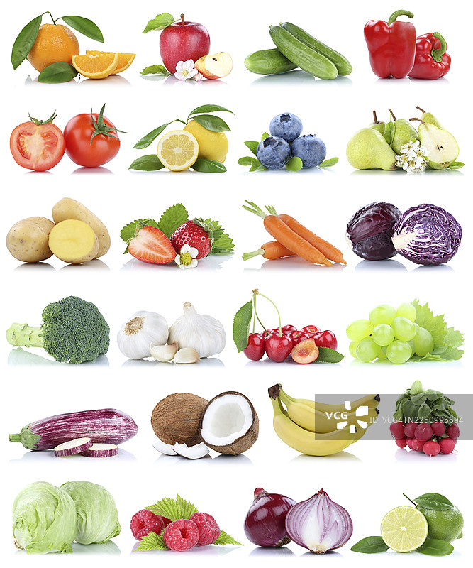 德国背景下的水果和蔬菜：苹果、橙子、柠檬、浆果、洋葱，孤立在白色背景上图片素材