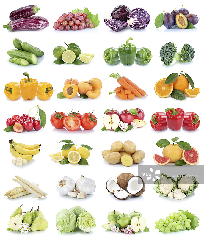 水果和蔬菜，苹果、番茄、香蕉、橙子、柠檬、葡萄，色彩拼贴，裁剪，孤立在白色背景上，在德国图片素材