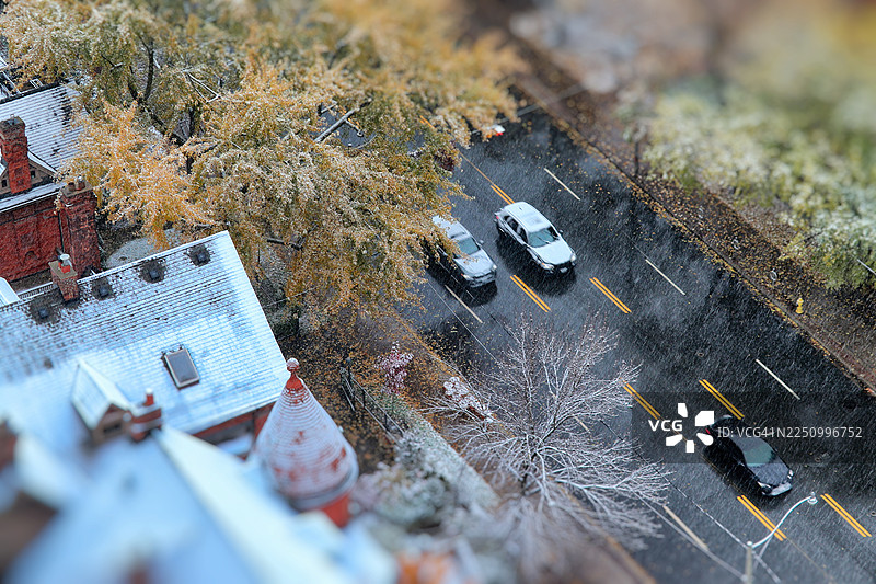 雪天的秋日微缩城市，移轴摄影图片素材