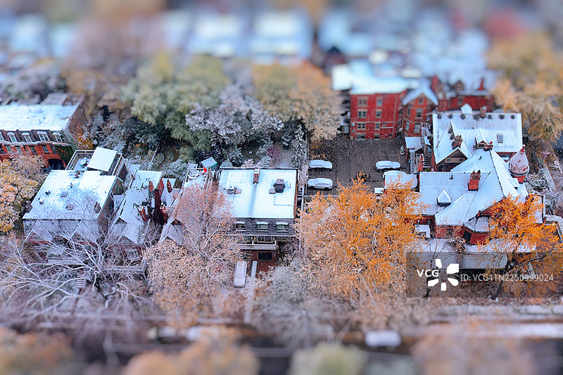 雪景下的秋日微缩城市，移轴摄影图片素材