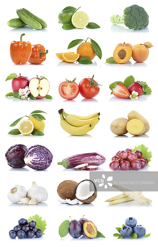 水果，蔬菜，苹果，番茄，橙子，柠檬，葡萄，浆果，色彩，收集，裁剪，孤立，在白色背景上图片素材