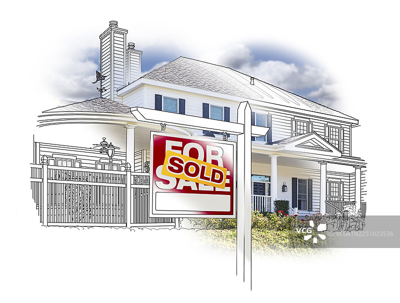 定制房屋和已售房地产标志的图画与照片组合，背景为白色图片素材