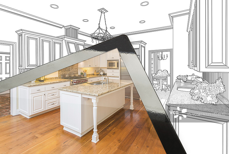 平板电脑屏幕显示着后面的厨房设计图图片素材