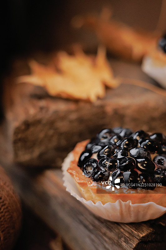 秋叶映衬下的蓝莓挞特写图片素材