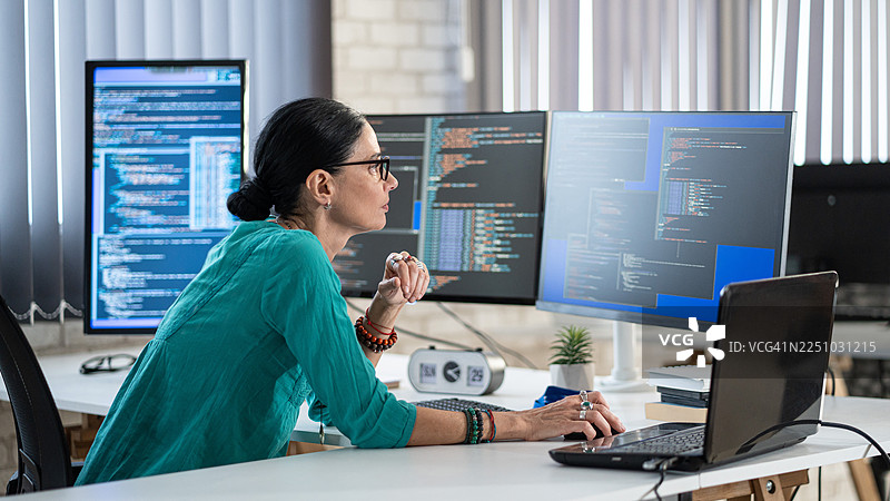 女性自由职业开发者使用双屏进行编码和编程，屏幕上显示着编程语言和应用程序。图片素材