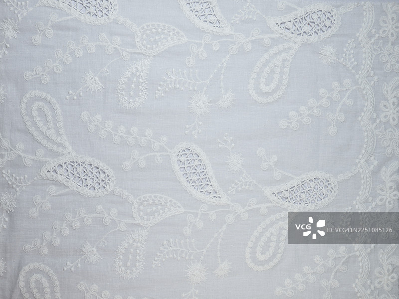 全画幅拍摄的白色绣花蕾丝面料图片素材