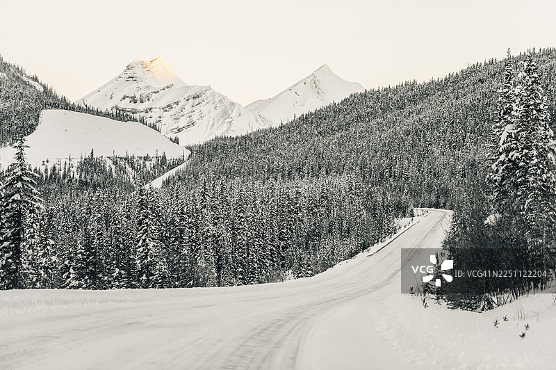 冬季冰原大道公路旅行，路面多雪结冰，位于加拿大阿尔伯塔省的班夫国家公园和贾斯珀国家公园图片素材