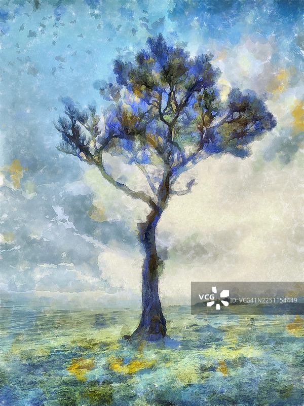 绘画效果，黎明时分，薄雾笼罩下的孤树风景。图片素材