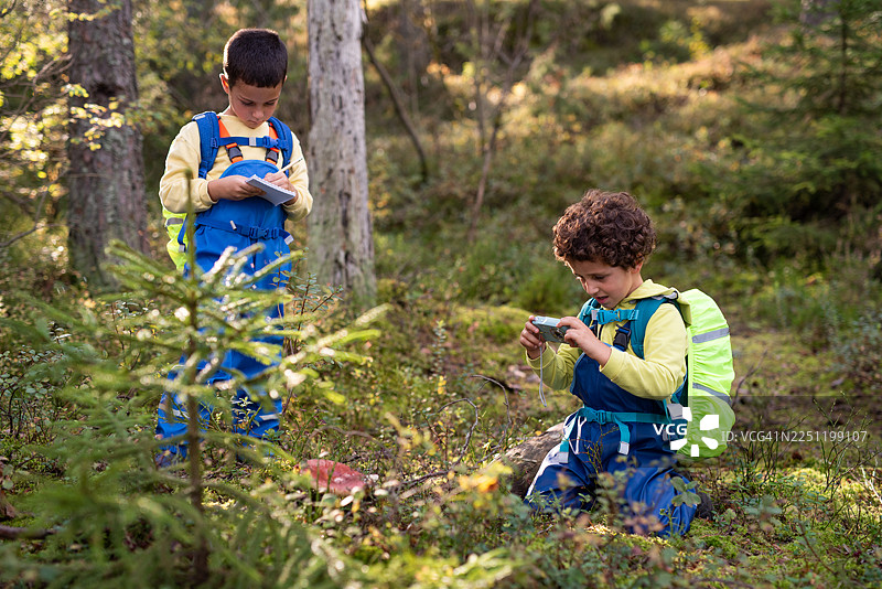 两个男孩在森林探险，记录动植物。图片素材