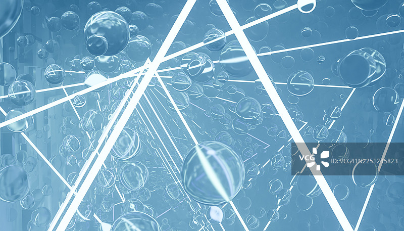发光的三角形和漂浮的球体组成的未来蓝色几何隧道。插画，渲染图片素材