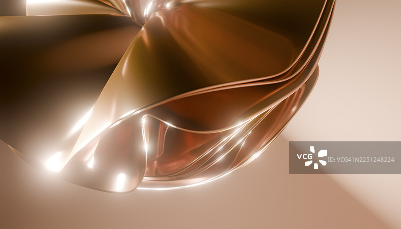 暖色灯光下的抽象金属雕塑，拥有弧形反光表面。插画，渲染图片素材