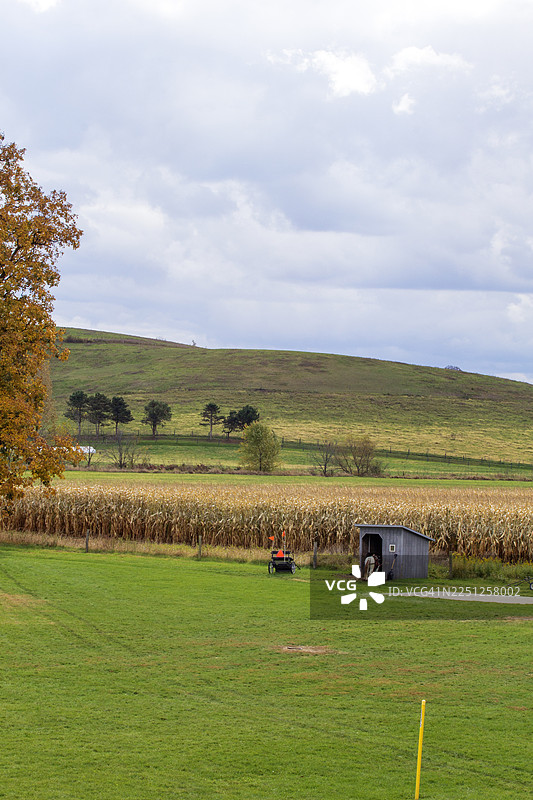秋日，多云天气下，乡村田野的风景，有玉米地、绿色山丘和一个小马棚。图片素材