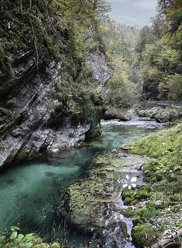 鲜艳的绿松石色河流流淌在深邃、布满苔藓的峡谷中，两旁是茂密的秋叶和木制走道，展现着斯洛文尼亚维尔加加尔的宁静自然之美。图片素材