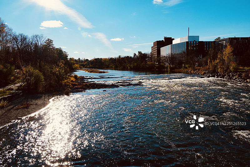 秋季晴朗蓝天下，河流湍急，流经城市天际线的美景图片素材