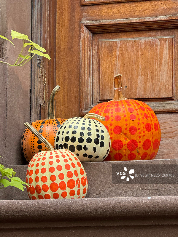 色彩鲜艳的波点南瓜装饰着秋季的乡村门廊图片素材