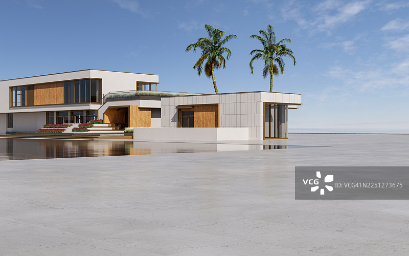 现代海滨别墅与倒影池图片素材