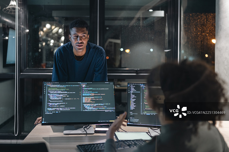 夜晚，两位计算机程序员在电脑前合作编写代码。图片素材
