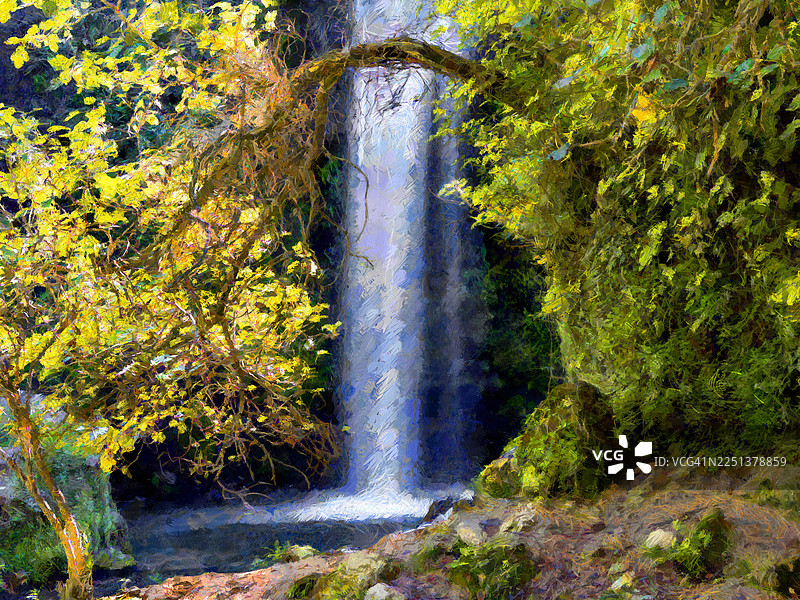 油画般的视觉效果，带有河流和巨大瀑布的山景。图片素材