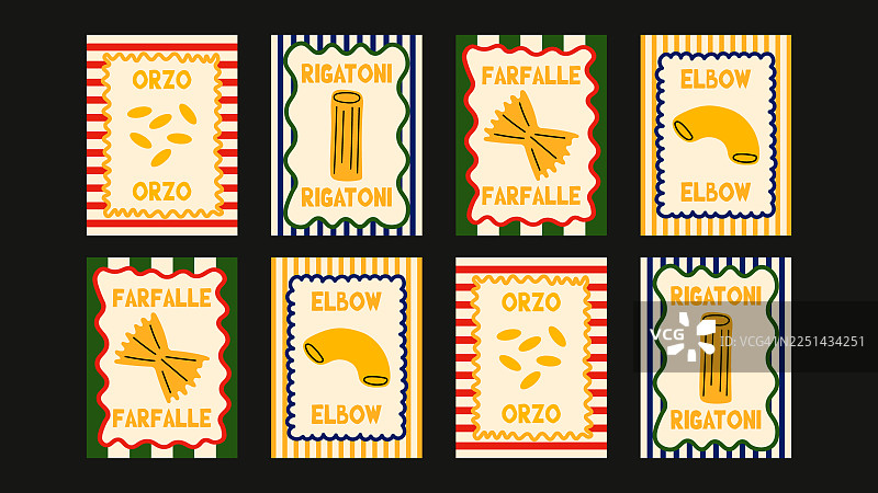 复古意大利美食印花系列，包含意面形状、意大利面枝和手写的小餐馆标语，适合温馨的家居装饰。图片素材