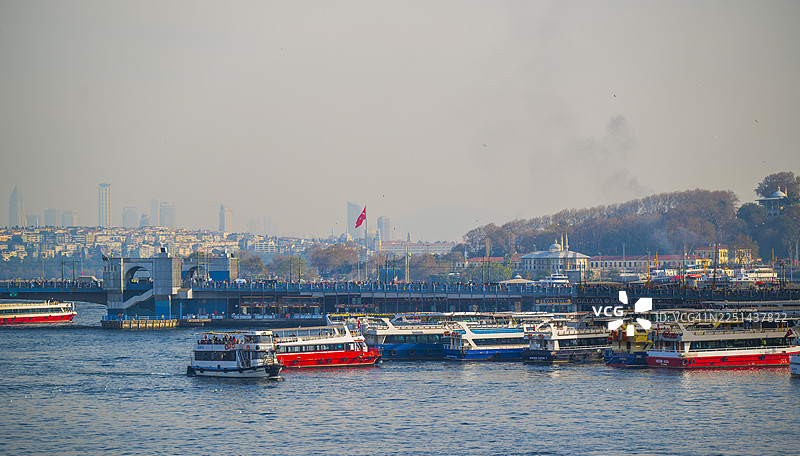 伊斯坦布尔博斯普鲁斯海峡，有船只和历史悠久城市景观图片素材