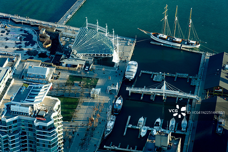 加拿大，多伦多，晴朗天空下的充满活力的港口鸟瞰图，有船只、建筑和现代玻璃建筑。图片素材