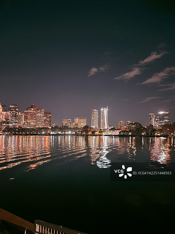 夜晚，灯火辉煌的城市天际线倒映在水中图片素材
