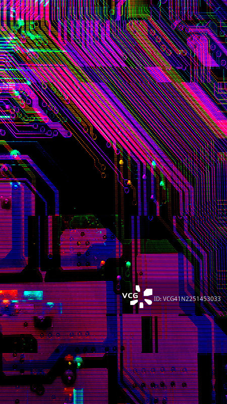 Y2K、2000年代科技美学风格的故障数字电路板霓虹粉、蓝、绿图案图片素材