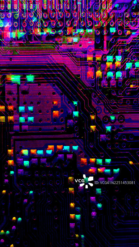Y2K、2000年代数字美学下的故障电路板，带有霓虹色彩和色差图片素材