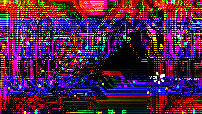 故障电路板特写，带有霓虹粉色、蓝色、黄色，复古80年代、Y2K赛博朋克风格图片素材