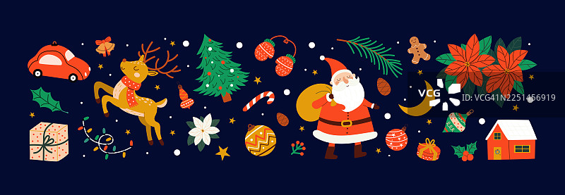 圣诞节无缝横幅。手绘风格的节日季节性插画。图片素材