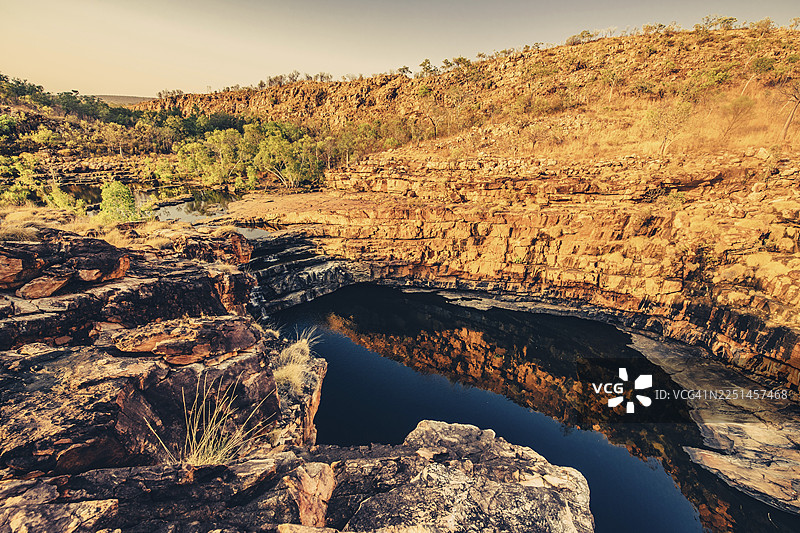 澳大利亚西北部金伯利地区贝尔峡谷的瀑布，澳大利亚内陆的日出。图片素材