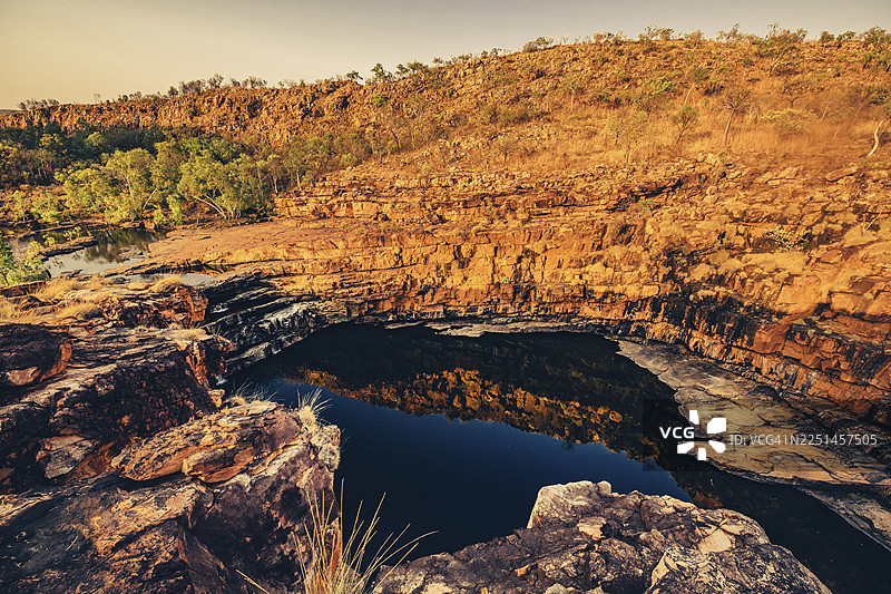 澳大利亚西北部金伯利地区贝尔峡谷瀑布，内陆日出，澳大利亚图片素材