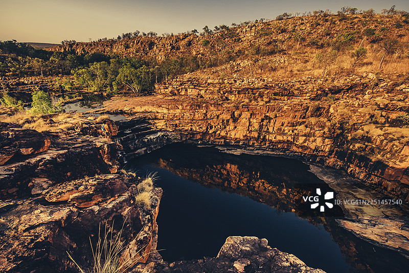 澳大利亚西北部金伯利地区贝尔峡谷瀑布，内陆日出图片素材